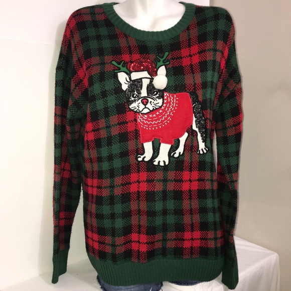 George Christmas Pug PomPom Plaid Crewneck Sweater - Picture 4 of 11